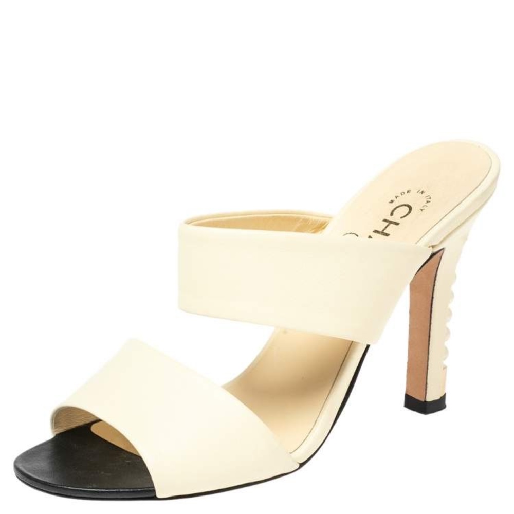 Chanel Cream Leather Pearl Embellished Heels Slide Sandals Size 41 - Picture 3 of 10